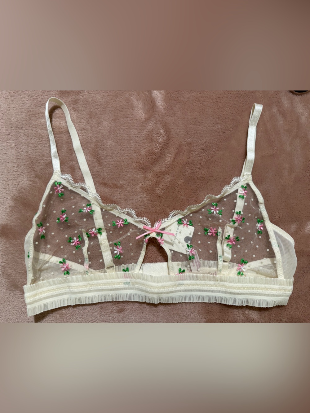 NWT LyreBird Anthropologie Floral Embroidered Sheer Bralette, Ivory, Size Medium